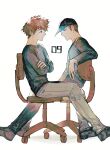  2boys absurdres arafune_tetsuji arm_rest bangs baseball_cap black_headwear black_shirt brown_hair chair closed_mouth crossed_arms feet_out_of_frame from_side frown grey_footwear grey_pants group_name hat highres long_sleeves looking_at_another male_focus mizukami_satoshi_(world_trigger) mnmnwtsn multiple_boys office_chair outstretched_arm pants profile shirt shoes short_hair simple_background sitting t-shirt white_background world_trigger 