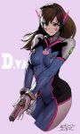  1girl animal_print blue_bodysuit bodysuit breasts brown_eyes brown_hair bunny_print character_name d.va_(overwatch) facepaint facial_mark gun handgun headphones highres medium_breasts overwatch ribbed_bodysuit sgk shoulder_pads signature smile solo weapon whisker_markings 