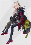  1girl absurdres ar-15 assault_rifle banana_(girls&#039;_frontline) black_jumpsuit blonde_hair boots girls&#039;_frontline gun headgear highres jumpsuit m4_carbine m4_sopmod_ii m4_sopmod_ii_(girls&#039;_frontline) mechanical_arms megaphone mod3_(girls&#039;_frontline) multicolored_hair nslacka red_eyes rifle robot short_hair_with_long_locks short_jumpsuit single_mechanical_arm sitting streaked_hair thigh_boots weapon 