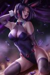  1girl animal_ears arm_behind_back bare_shoulders dc_comics deviantart_username feathers hand_on_own_head leotard looking_at_viewer olchas paid_reward_available patreon_username playboy_bunny purple_eyes purple_feathers purple_hair purple_leotard purple_lips rabbit_ears raven_(dc) short_hair signature sitting solo teen_titans wariza 