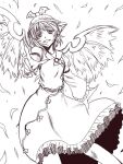  1girl animal_ears bird_ears bird_wings blush dress feathers feet_out_of_frame fingernails frilled_dress frilled_sleeves frills grin kuon_yashiro long_fingernails long_sleeves monochrome mystia_lorelei sepia sharp_fingernails short_hair simple_background smile solo touhou white_background wide_sleeves winged_hat wings 