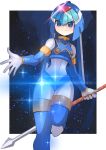  1girl android blue_eyes blue_footwear blue_headwear bodysuit boots border breasts closed_mouth commentary_request glint helmet highres holding holding_polearm holding_weapon leg_up leviathan_(mega_man) looking_at_viewer mega_man_(series) mega_man_zero outside_border polearm small_breasts smile solo sparkle spear split_mouth standing standing_on_one_leg tesshii_(riza4828) thigh_boots weapon white_border 
