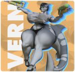  2022 3d_(artwork) 5_fingers anthro big_breasts breasts clothing digital_media_(artwork) female fingers fish footwear hi_res marine shark sharp_teeth shirt shoes solo sunr4y teeth thick_thighs topwear toy toy_gun vern_(vernacularshark) water_gun yellow_eyes 