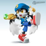  2022 3d_(artwork) anthro artsyomni bandai_namco black_body black_fur clothing digital_media_(artwork) domestic_cat felid feline felis fist footwear fur gem gloves gradient_background handwear hat headgear headwear hi_res kick klonoa klonoa_(series) male mammal nintendo open_mouth pac-man_(series) plantigrade pose raised_leg ring shoes simple_background solo super_smash_bros. video_games white_body white_fur 