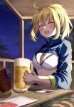  1girl absurdres ahoge alcohol artoria_pendragon_(fate) beer beer_mug bikini blonde_hair blue_jacket blush breasts cleavage closed_eyes cropped_jacket cup fate/grand_order fate_(series) food hair_between_eyes highres jacket large_breasts long_hair long_sleeves mug mysterious_heroine_xx_(fate) night night_sky open_mouth ponytail shrug_(clothing) sidelocks sky solo swimsuit table toukan white_bikini 