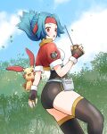  1girl absurdres black_gloves blue_hair breasts capture_styler cropped_jacket fingerless_gloves gloves headband highres jacket looking_back noto-kanna open_clothes open_jacket open_mouth plusle pokemon pokemon_(creature) pokemon_(game) pokemon_ranger red_eyes red_headband red_jacket solana_(pokemon) thighhighs 