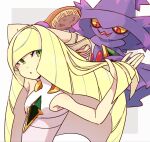  1girl bare_shoulders blonde_hair brushing_hair diamond_(shape) dress gem green_eyes green_gemstone hair_brush hand_in_own_hair long_hair lusamine_(pokemon) mismagius mur_mu_mu nail_polish parted_lips pokemon pokemon_(creature) pokemon_(game) pokemon_sm sleeveless sleeveless_dress upper_body very_long_hair white_dress yellow_nails 