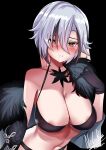  1girl areola_slip arlecchino_(genshin_impact) black_underwear blush bra breasts coat fur-trimmed_coat fur_trim genshin_impact highres large_breasts multicolored_hair nekobox red_pupils solo streaked_hair symbol-shaped_pupils underwear white_hair x-shaped_pupils 