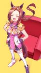  1girl :d ^_^ animal_ears asymmetrical_gloves black_gloves brown_hair closed_eyes commentary couch deadnooodles epaulettes full_body gloves hairband hands_on_hips highres horse_ears horse_girl horse_tail long_hair mismatched_gloves neckerchief ponytail sakura_bakushin_o_(umamusume) shoes simple_background smile solo standing tail thighhighs umamusume white_footwear white_gloves white_thighhighs yellow_background yellow_hairband yellow_neckerchief 