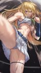  1girl absurdres blonde_hair blue_eyes breasts clenched_hands commission fighting_stance highres long_hair looking_at_viewer motion_blur muscular original panties sakazuki_sudama skeb_commission skirt solo sweat thigh_strap underboob underwear wet wet_clothes wet_panties 