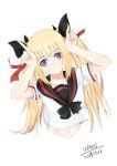  1girl 2018 absurdres artist_name bangs black_bow black_bowtie black_sailor_collar blonde_hair blunt_bangs bow bowtie closed_mouth collared_shirt cropped_torso dated hair_bow hair_ribbon highres long_hair looking_at_viewer midriff navel original purple_eyes red_ribbon ribbon sailor_collar sailor_shirt shiny shiny_hair shirt short_sleeves simple_background solo stomach twintails upper_body very_long_hair viktorf white_background white_shirt 