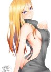  1girl 2018 absurdres artist_name ass backless_outfit bangs bare_arms blonde_hair breasts dated gradient_hair grey_sweater grin hair_between_eyes highres long_hair looking_at_viewer medium_breasts meme_attire multicolored_hair original purple_eyes shiny shiny_hair sideboob simple_background sketch smile solo straight_hair sweater turtleneck turtleneck_sweater viktorf virgin_killer_sweater white_background 