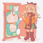  1boy 1girl :3 ? anywhere_door bell blonde_hair brown_footwear closed_mouth crossover door doraemon doraemon_(character) full_body green_skirt hat highres kyuutame long_hair looking_at_another matara_okina neck_bell orange_eyes skirt standing tabard touhou tricorne 