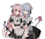  2girls :d alternate_costume animal_ear_fluff animal_ears apron bangs black_dress blue_bow blue_eyes blue_hair blue_ribbon blush bow breasts cat_ears cat_girl cat_tail chihuri closed_mouth collarbone collared_dress commentary_request cross cross_earrings dress earrings enmaided feet_out_of_frame frilled_apron frilled_dress frilled_legwear frills hair_between_eyes jewelry kemonomimi_mode latin_cross long_hair maid maid_headdress medium_breasts multiple_girls neck_ribbon original pink_bow pink_hair puffy_short_sleeves puffy_sleeves purple_eyes ribbon short_sleeves simple_background small_breasts smile tail tail_bow tail_ornament thighhighs very_long_hair white_apron white_background 