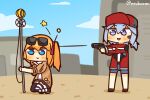  2girls :&gt; aiming blonde_hair blue_eyes blue_hair blue_shorts blush casual chibi cloud day eyewear_on_head firing girls&#039;_frontline gun handgun hat holding holding_gun holding_weapon house jacket kalina_(girls&#039;_frontline) lcron mp-446_(boisterous_rouge)_(girls&#039;_frontline) mp-446_(girls&#039;_frontline) multiple_girls open_clothes open_jacket open_mouth outdoors personification pink_ribbon pleated_skirt ribbon short_hair shorts skirt sky smile squatting standing star_(symbol) thighhighs thighs twitter_username weapon 