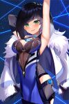  1girl :d absurdres arm_behind_head armpits arms_up bangs best010409 black_hair blunt_bangs breasts chinese_clothes choker cleavage coat coat_on_shoulders commentary_request dice fur-trimmed_coat fur_trim genshin_impact green_eyes highres looking_at_viewer night night_sky parted_bangs short_hair sidelocks sky sleeveless smile solo star_(sky) starry_sky vision_(genshin_impact) yelan_(genshin_impact) 