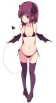  1girl arms_behind_back bangs bare_shoulders bikini black_bikini blush boots breasts collarbone demon_girl demon_horns demon_tail demon_wings elbow_gloves full_body gloves high_heel_boots high_heels highres horns looking_at_viewer machikado_mazoku mel_(melty_pot) navel purple_eyes purple_footwear short_hair side-tie_bikini simple_background small_breasts solo standing swimsuit tail thigh_boots white_background wings yoshida_ryouko 
