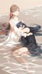  2girls bangs bare_shoulders barefoot black_dress black_hair blue_eyes brown_hair clothing_cutout collarbone covered_mouth dress final_fantasy final_fantasy_xiv from_above full_body gaia_(ff14) hair_over_one_eye hair_ribbon hand_on_another&#039;s_back hand_on_another&#039;s_head highres hyur lap_pillow long_hair long_sleeves looking_at_viewer looking_up lying multiple_girls on_side one_eye_covered outdoors partially_submerged puffy_long_sleeves puffy_sleeves ribbon ryne sechi_suu shoulder_cutout sitting straight_hair swept_bangs water white_dress yuri 