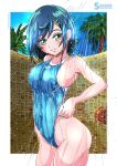  1girl adjusting_clothes adjusting_swimsuit blue_hair blue_sky blue_swimsuit breasts brick_wall cloud commentary_request competition_swimsuit cowboy_shot delicious_party_precure fuwa_kokone green_eyes hair_ornament highres looking_at_viewer medium_breasts one-piece_swimsuit palm_tree precure short_hair shower_(place) sky solo swimsuit takaishi_fuu tree wet wet_clothes wet_swimsuit 