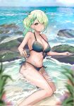  armpits artist_request bad_link bikini blush braid branch breasts ceres_fauna cloud grass green_hair highres hololive hololive_english horns large_breasts leaf looking_at_viewer medium_hair nature navel ocean rock sideboob sitting sky string_bikini swimsuit thighs water 