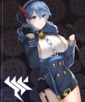  1girl ako_(blue_archive) bell belt black_gloves blue_archive blue_coat blue_eyes blue_hair blue_sealad breasts buttons coat cowboy_shot double-breasted framed_breasts garter_straps gloves hairband half_gloves hands_up highres large_breasts long_hair long_sleeves looking_at_viewer shirt sideboob smile solo standing thighs white_shirt 
