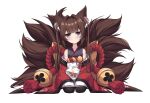  1girl amagi-chan_(azur_lane) animal_ear_fluff animal_ears azur_lane bangs black_pantyhose blunt_bangs brown_hair cameo collarbone commentary detached_sleeves eyeshadow fox_ears fox_girl fox_tail full_body hair_ornament highres kyuubi levy_(comradlevy) long_hair long_sleeves looking_at_viewer makeup manjuu_(azur_lane) multiple_tails pantyhose purple_eyes rope seiza shimenawa sidelocks sitting solo tail thick_eyebrows twintails white_background wide_sleeves 