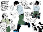  3boys animal animal_on_head bird black_footwear blue_shirt boku_no_hero_academia boots burn_scar collared_shirt commentary_request freckles green_pants green_shirt groin_attack kaminari_denki kneeling looking_at_another male_focus midoriya_izuku multicolored_hair multiple_boys official_alternate_costume on_head open_mouth pants pants_tucked_in penguin petting scar scar_on_face shirt short_hair short_sleeves simple_background speech_bubble split-color_hair standing tiger todoroki_shouto translation_request two-tone_hair white_background yzk92h 