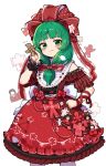  1girl :3 =3 arm_wrap back_bow bangs blunt_bangs blush bow commentary cowboy_shot doll dress frilled_dress frilled_ribbon frills green_eyes green_hair hair_bow hair_ribbon highres hina_ningyou holding holding_doll howhow_notei kagiyama_hina lace-trimmed_dress lace_trim long_hair looking_at_viewer notice_lines off-shoulder_dress off_shoulder paper_doll power_item_(touhou) red_bow red_dress red_ribbon ribbon short_sleeves solo straw_doll striped striped_bow touhou vertical-striped_bow vertical_stripes white_background white_bow wrist_cuffs 