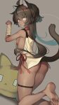  1girl animal_ear_fluff animal_ears bare_legs barefoot black_hair bottomless breasts cat_ears cat_girl cat_pillow cat_tail collar dark-skinned_female dark_skin highres kneeling long_hair looking_at_viewer mitake_eil no_panties original small_breasts tail thigh_strap yellow_eyes 