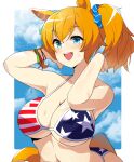  1girl :d american_flag_bikini animal_ears bangs bare_arms bare_shoulders bikini blue_eyes blue_scrunchie blue_sky blush border breasts cloud commentary_request day flag_print hair_ornament hair_scrunchie highres horse_ears large_breasts looking_at_viewer mituyota_76 navel open_mouth orange_hair outdoors outside_border partial_commentary ponytail scrunchie short_hair sky smile solo star_(symbol) star_print stomach sweat swimsuit taiki_shuttle_(umamusume) umamusume upper_body white_border 