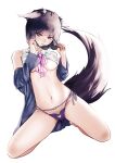  1girl animal_ears bare_legs barefoot black_hair breasts clothes_down clothes_lift collared_shirt earrings fox_ears fox_girl fox_tail full_body highres holding holding_eyewear jewelry kneeling long_sleeves looking_at_viewer medium_breasts navel neck_ribbon original panties pink_ribbon purple_eyes purple_panties ribbon shirt shirt_lift short_hair simple_background sleeveless sleeveless_shirt solo spread_legs sunglasses tail underwear viktorf white_background white_shirt 