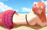  1girl beach bikini blacksaikou blush breasts choker flower hair_flower hair_ornament lamia large_breasts long_hair looking_at_viewer lying miia_(monster_musume) monster_girl monster_musume_no_iru_nichijou on_stomach open_mouth piercing pointy_ears red_hair sand scales slit_pupils solo swimsuit yellow_eyes 