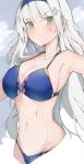  1girl armpits bangs bikini blue_bikini blue_hairband blunt_bangs blush breasts cowboy_shot ekuesu facial_mark girls&#039;_frontline green_eyes hair_ornament hairband highres hk416_(girls&#039;_frontline) long_hair sweat swimsuit teardrop teardrop_facial_mark teardrop_tattoo white_hair 