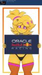  avian bird blonde_hair chica_(cally3d) chica_(fnaf) chicken clothing comment female five_nights_at_freddy&#039;s formula_1 formula_1_car freddy_(fnaf) fredina&#039;s_nightclub fredina_(cally3d) galliform gallus_(genus) hair hi_res holding_object holding_sign legwear looking_at_viewer mammal orange_clothing orange_legwear orange_stockings phasianid pink_hairband prykez purple_eyes question red_bull scottgames sign smile smiling_at_viewer solo stockings thong underwear ursid video_games yellow_body 
