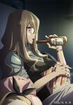  2girls beer_bottle blonde_hair bottle brown_eyes commentary_request copyright food from_side glasses holding holding_bottle holding_food kurumi_(lycoris_recoil) long_hair long_sleeves looking_to_the_side lycoris_recoil multiple_girls nakahara_mizuki official_art open_mouth popcorn sitting solo_focus 