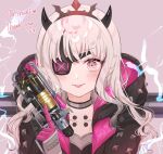  1girl apex_legends b3_wingman black_jacket blonde_hair blush collarbone commission cosplay cyber_punked_wattson english_commentary eyepatch gun hair_behind_ear handgun heart holding holding_gun holding_weapon hood hooded_jacket horns indie_virtual_youtuber iruei_(vtuber) jacket mixed-language_commentary one_eye_covered pink_background pink_eyes pointy_ears revolver shain skeb_commission solo spiked_hood tongue tongue_out trigger_discipline virtual_youtuber wattson_(apex_legends) wattson_(apex_legends)_(cosplay) weapon 