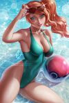  1girl ball beachball breasts cleavage day deviantart_username eyewear_on_head green_eyes green_swimsuit holding holding_eyewear long_hair looking_at_viewer olchas one-piece_swimsuit paid_reward_available patreon_username poke_ball pokemon red_hair side_ponytail signature smile solo sonia_(pokemon) sunglasses swimsuit water 