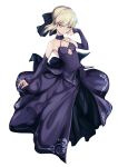  1girl absurdres artoria_pendragon_(fate) black_bow black_choker blonde_hair bow breasts choker cleavage closed_mouth collarbone detached_sleeves fate/stay_night fate_(series) floating_hair full_body hair_bow highres layered_skirt long_hair long_skirt long_sleeves looking_down purple_skirt purple_sleeves saber_alter shiny shiny_hair simple_background skirt skirt_set small_breasts solo viktorf white_background yellow_eyes 