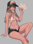  1girl adjusting_clothes adjusting_headwear agawa_ryou areola_slip arm_support artist_name bare_shoulders barefoot baseball_cap bikini black_headwear black_shorts blue_bikini breasts brown_hair cleavage collarbone commentary dated english_commentary flipped_hair foot_out_of_frame front-tie_bikini front-tie_top gradient_hair green_eyes grey_background groin hair_ornament hair_scrunchie halterneck hand_up hat index_finger_raised light_brown_hair linea_alba long_hair looking_at_viewer medium_breasts micro_bikini multicolored_hair nail_polish navel numbered open_mouth original ponytail print_headwear red_scrunchie scrunchie short_shorts shorts sidelocks simple_background sitting skindentation smile solo straight_hair striped striped_bikini swimsuit tan tanlines teeth two-tone_hair yellow_nails 