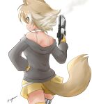  1girl animal_costume animal_ear_fluff animal_ears black_jacket blonde_hair choker coyote_(kemono_friends) coyote_ears coyote_girl coyote_tail gloves gun jacket kemono_friends kemono_friends_v_project multicolored_hair shirt short_hair simple_background sleeveless sleeveless_shirt solo tail taurine_8000mg virtual_youtuber weapon white_shirt yellow_gloves 