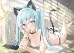  1girl animal_ear_fluff animal_ears ass bare_arms bare_legs bare_shoulders barefoot bell black_collar blue_eyes blue_hair blurry blurry_background blurry_foreground blush breasts brick_wall camisole cat_ears cat_girl cat_hair_ornament cat_tail cellphone cleavage collar collarbone commentary_request couch depth_of_field food_in_mouth hair_ornament highres indoors jingle_bell legs_up long_hair looking_at_viewer lying medium_breasts neck_bell on_couch on_stomach original panties phone polka_dot polka_dot_camisole polka_dot_panties saeki_sora soles solo star_(symbol) tail twintails underwear underwear_only very_long_hair white_camisole white_panties window 