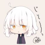  1girl :&lt; bangs beni_shake black_jacket black_shirt chibi commentary_request cropped_torso fate/grand_order fate_(series) fur-trimmed_jacket fur_trim grey_background hair_between_eyes jacket jeanne_d&#039;arc_alter_(fate) jeanne_d&#039;arc_alter_(ver._shinjuku_1999)_(fate) looking_at_viewer open_clothes open_jacket orange_eyes parted_lips shirt signature simple_background solo triangle_mouth upper_body white_hair 
