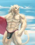  abs absurd_res anthro beach black_nose black_sclera braided_hair bublelery bulge clothing felid fur hair hi_res image_comics invincible_(comics) invincible_(tv_series) lion male mammal muscular muscular_anthro muscular_male pantherine pecs red_eyes seaside smile smirk solo speedo speedo_only surfboard swimwear thokk_(invincible) white_body white_fur white_hair 