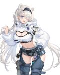  1girl :d animal_ears arknights ass_visible_through_thighs aurora_(arknights) bear_ears belt belt_pouch black_hairband black_pants blue_eyes blush breasts cleavage cowboy_shot crop_top extra_ears hair_ornament hair_over_one_eye hairband hairclip hand_in_own_hair hand_on_hip highres hood hood_down infection_monitor_(arknights) large_breasts leaning_forward long_hair long_sleeves minamiichi_minami navel open_mouth pants pouch puffy_long_sleeves puffy_sleeves shrug_(clothing) simple_background smile solo thigh_strap unzipped very_long_hair white_background white_hair 