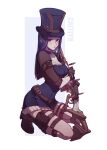  1girl absurdres artist_name belt black_hair breasts brown_belt brown_gloves bullet caitlyn_(league_of_legends) frills gloves gun hat heart highres holding holding_gun holding_weapon jacket kneeling large_breasts league_of_legends long_hair long_sleeves looking_at_viewer rifle ruan_chen_yue shoes sniper_rifle solo thigh_pouch thigh_strap top_hat weapon white_background 