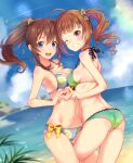  2girls :d ahoge ass ass_visible_through_thighs bangs bare_arms bare_shoulders beach bikini blue_bikini blue_eyes blue_sky blurry blurry_background blush bow bow_bikini breast_press breasts brown_hair cleavage cloud commentary_request contrail cowboy_shot day drill_hair dutch_angle fingernails floating_hair food_print gradient_bikini gradient_clothes green_bikini grin groin hair_between_eyes hair_ornament halter_top halterneck hand_up heart heart_hands heart_hands_duo high_ponytail highres horizon idolmaster idolmaster_million_live! leg_between_thighs lemon_print lens_flare looking_at_viewer looking_to_the_side medium_breasts medium_hair mitsuki_(omezame_alice) multiple_girls navel ocean outdoors pink_eyes polka_dot polka_dot_bikini ponytail print_bikini satake_minako side_ponytail sidelocks sky smile sparkle standing star_(symbol) star_hair_ornament stomach strap_gap swimsuit symmetrical_docking teeth upper_teeth yellow_bow yokoyama_nao 