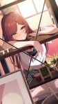  1girl absurdres arm_rest blurry blurry_background blush breasts brown_hair cleavage debi_tarou dutch_angle highres idolmaster idolmaster_shiny_colors indoors looking_at_viewer odecono3 osaki_amana shelf smile solo sunset yellow_eyes 