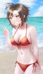  1girl absurdres arm_behind_back bikini blue_sky blush breasts brown_hair cleavage cloud front-tie_top grey_eyes groin halterneck highres horizon lowerandlower91 medium_breasts messy_hair multicolored_hair ocean red_bikini red_hair ruby_rose rwby sand short_hair side-tie_bikini sky smile solo streaked_hair swimsuit water waving 