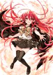  1girl black_cape black_thighhighs bow bowtie cape full_body highres long_hair looking_at_viewer open_mouth red_eyes red_hair shakugan_no_shana shana shirt short_sleeves solo tachitsu_teto thighhighs white_shirt yellow_bow yellow_bowtie 