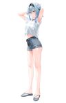  1girl absurdres arms_behind_head arms_up bangs black_hairband blue_hair blue_shorts blush breasts brown_eyes denim denim_shorts eula_(genshin_impact) full_body genshin_impact hair_ornament hairband highres large_breasts looking_at_viewer medium_hair sandals shirt short_sleeves shorts sidelocks white_shirt xkirara39x 